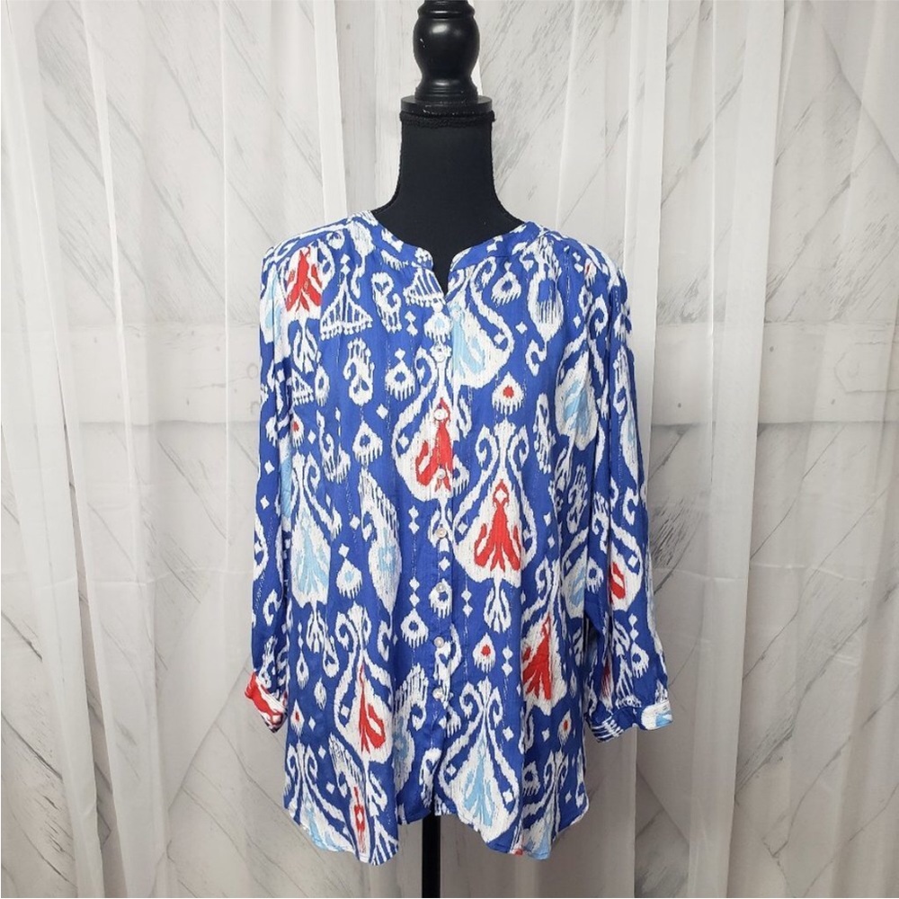 Ruby Rd. Blue And Red Ikat Blouse - image 1